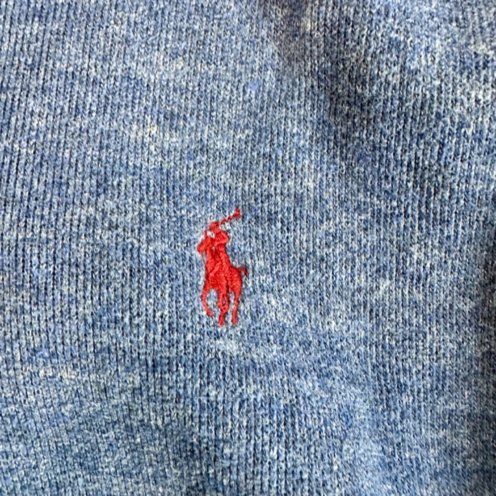 Polo Ralph Men’s Lauren Blue cotton 1/4 zip sweater. Size M. suede patches/trim. - Picture 6 of 10